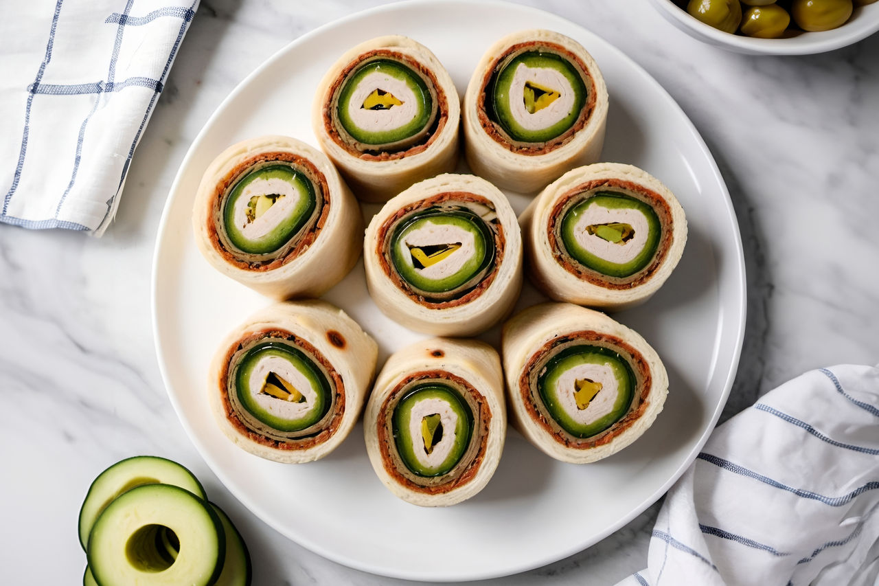 Pickle and Turkey Pinwheels on a plate. Pickle and Turkey Pinwheels on a plate.