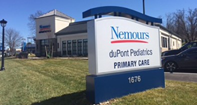 Exterior sign for our primary care office, Nemours duPont Pediatrics, Paoli.