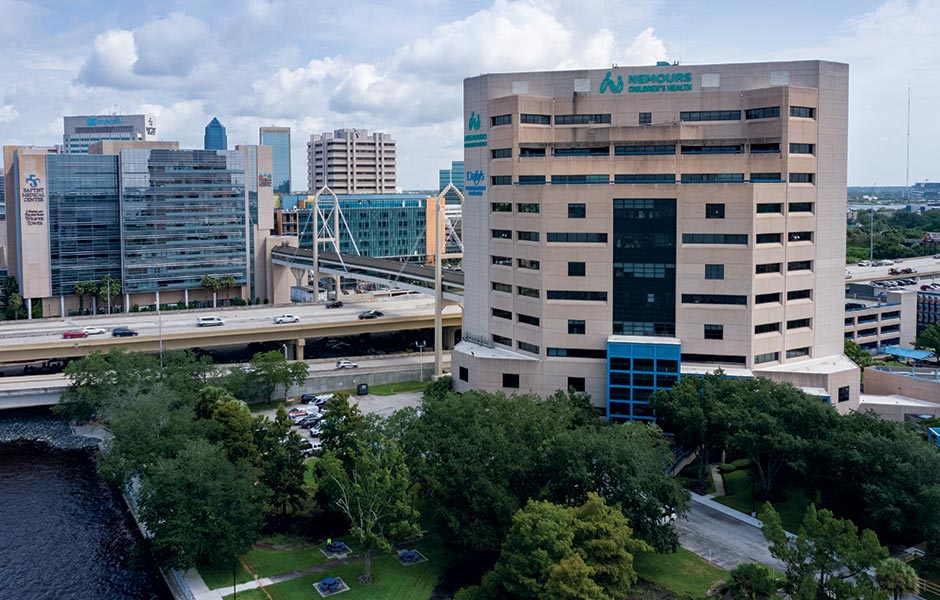 This is a daytime view of the Nemours Children's building in downtown Jacksonville, Florida. 
