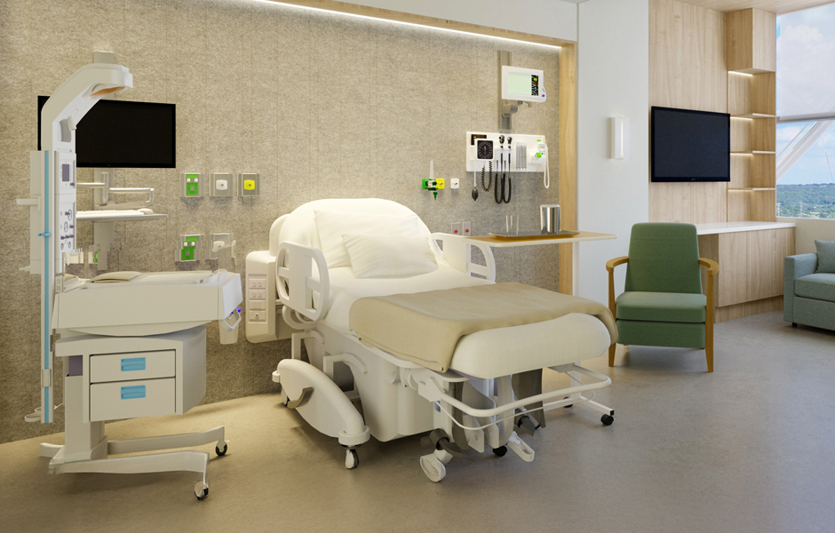 Representación de una habitación de hospital vacía con una cama y asientos para invitados
