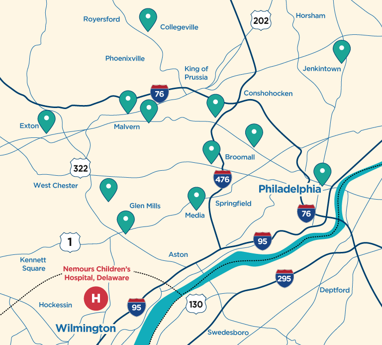 Map of Nemours Locations in Southeast Pennsylvania