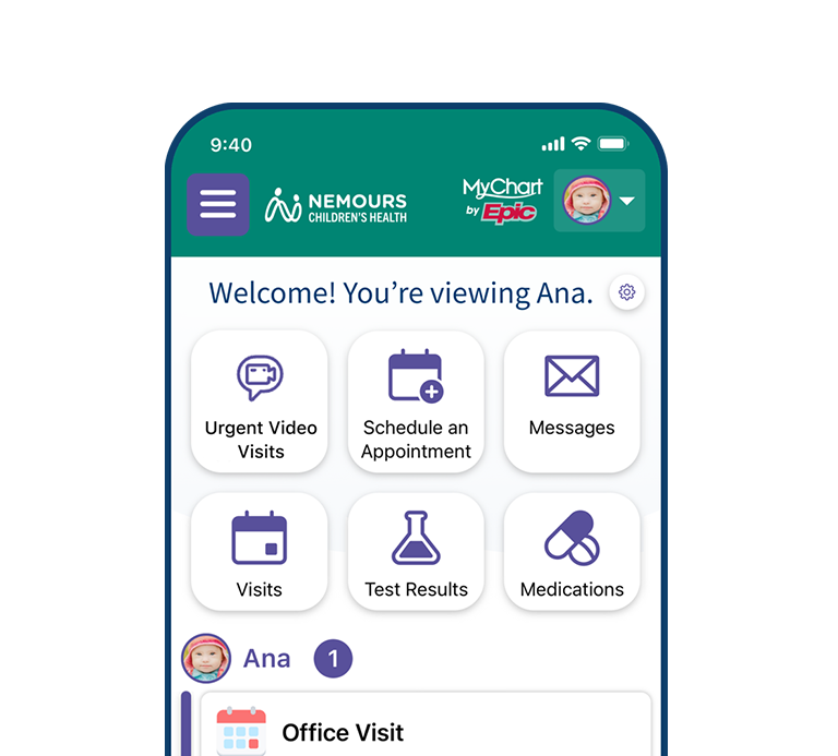 Nemours App MyChart Homepage in the app