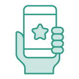 Graphic icon of a hand holding a phone with a star on it