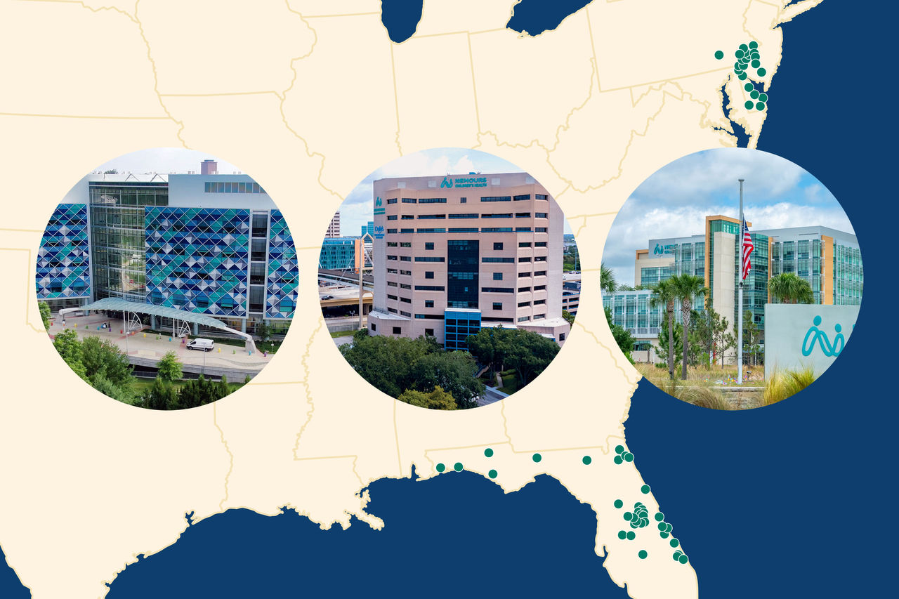 Map with Nemours locations marked with pinpoints and three call out photos of the exterior of Nemours Hospital Buildings