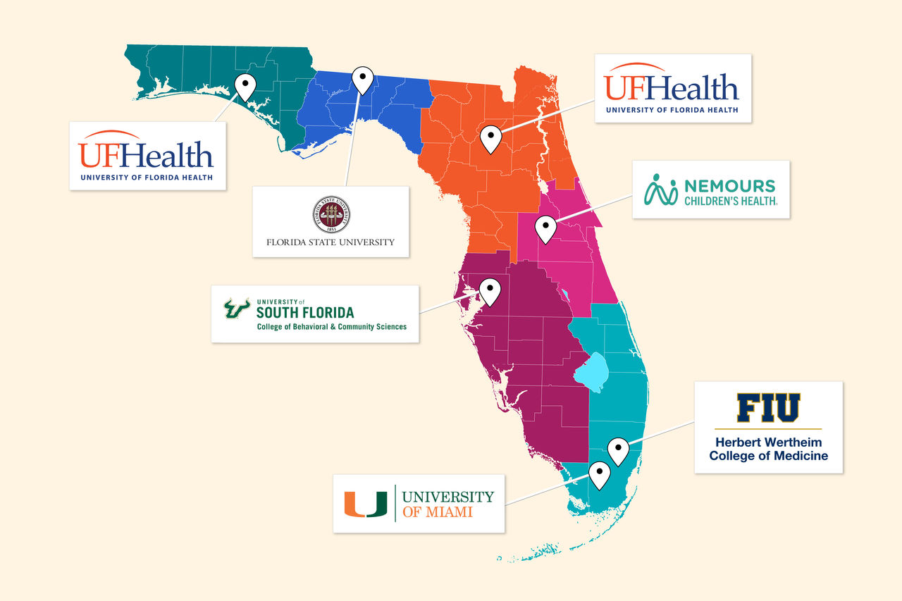 Map targeting UF Health - University of Florida Health, Florida State University, University of South Florida - College of Behavioral & Community Sciences, Nemours Children's Health, University of Miami, FIU - Herbert Wertheim College of Medicine. Map targeting UF Health - University of Florida Health, Florida State University, University of South Florida - College of Behavioral & Community Sciences, Nemours Children's Health, University of Miami, FIU - Herbert Wertheim College of Medicine.