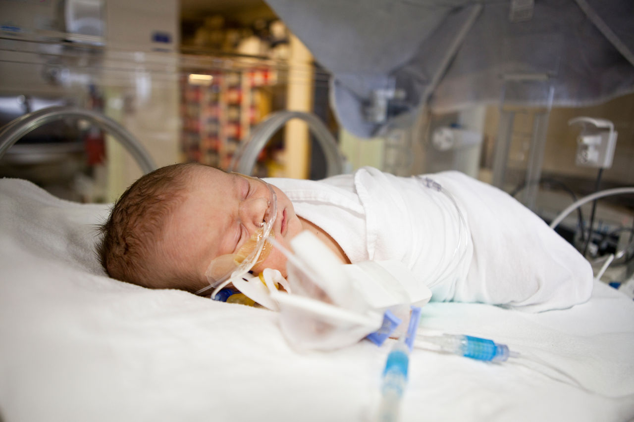 A newborn baby with breathing tubes in her incubator in NICU.