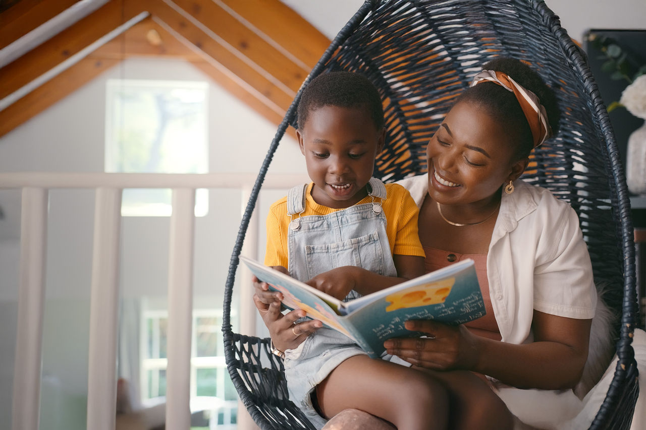 Book, story and mom reading to child for growth, development and learning with knowledge for kid. Apartment, mother and daughter relax in home for literature, fairytale and fantasy for family