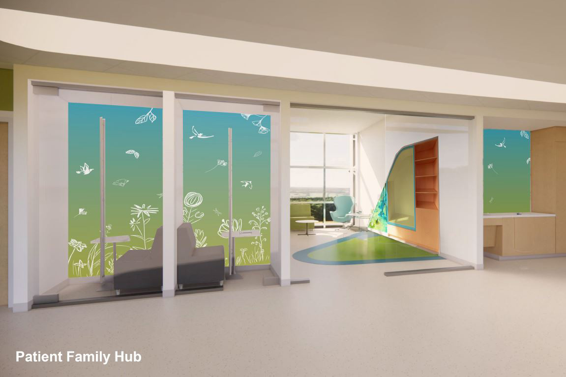 Renderización del centro para familias de pacientes del Instituto Moseley.